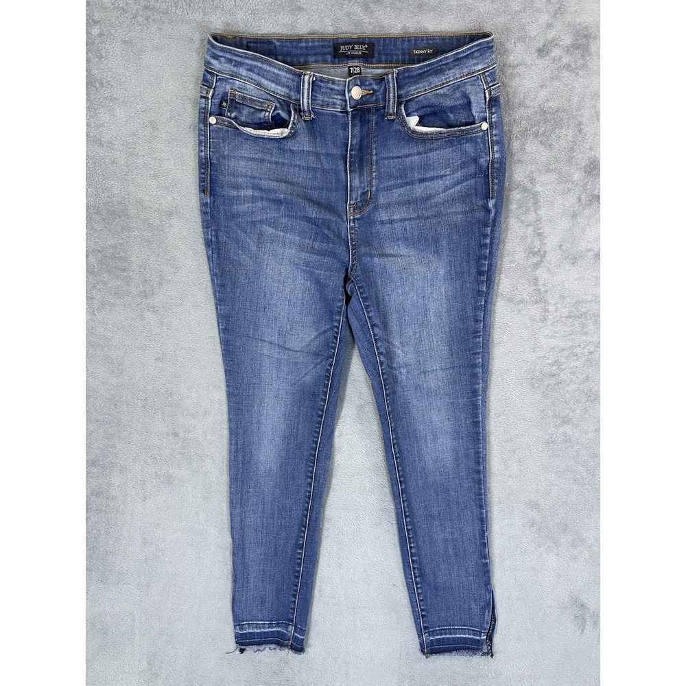 Judy Blue Jeans Womens 7/28 Blue Dark Wash High‎ Rise Skinny Frayed Hem Slit